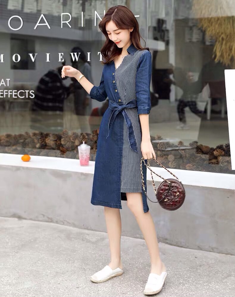 ĐẦM JEAN CỔ SƠ MI PHỐI SỌC 